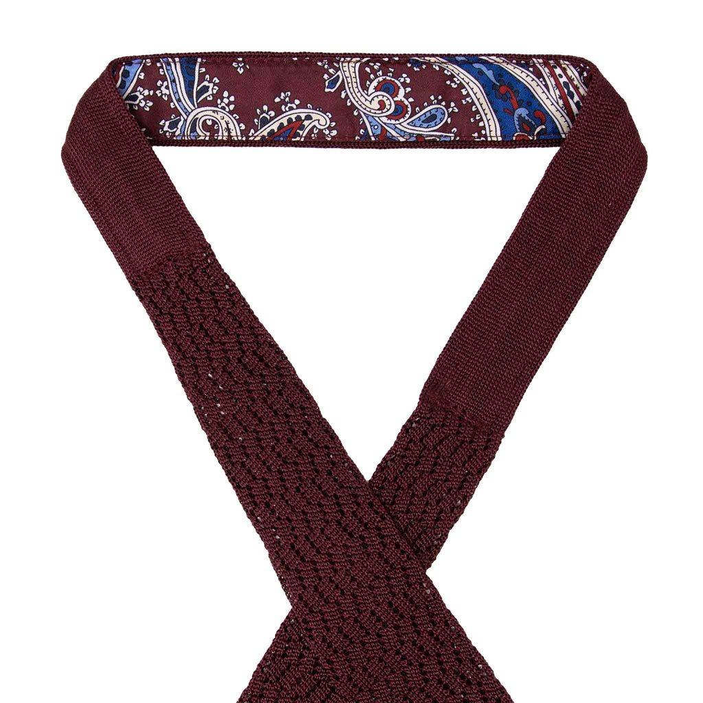 Burgundy Knitted Silk Tie & Blue Elastic Suspenders Set Serà Fine Silk