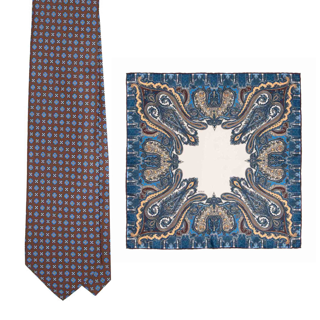 Brown Silk Tie & Napoli Pocket Square Set Serà Fine Silk