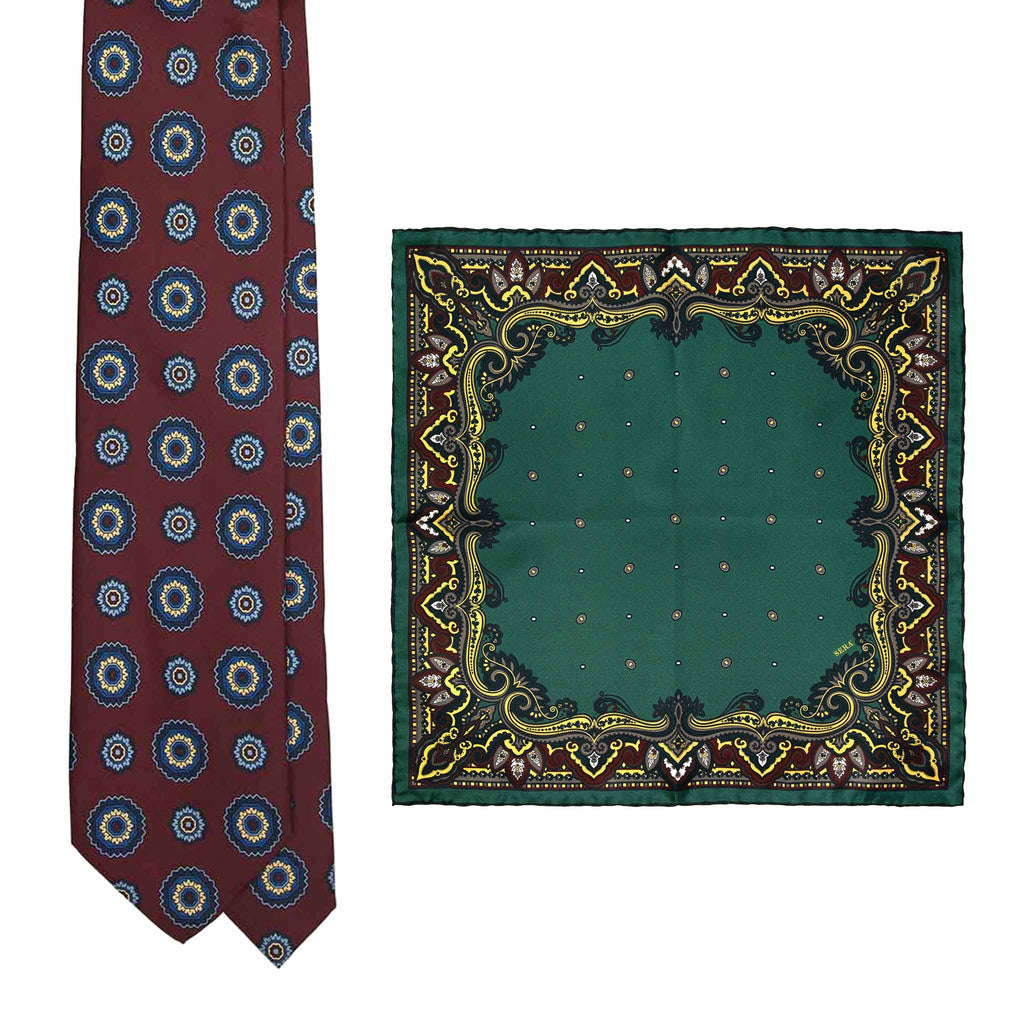 Burgundy Silk Tie & Thyme Franciacorta Pocket Square Set Serà Fine Silk