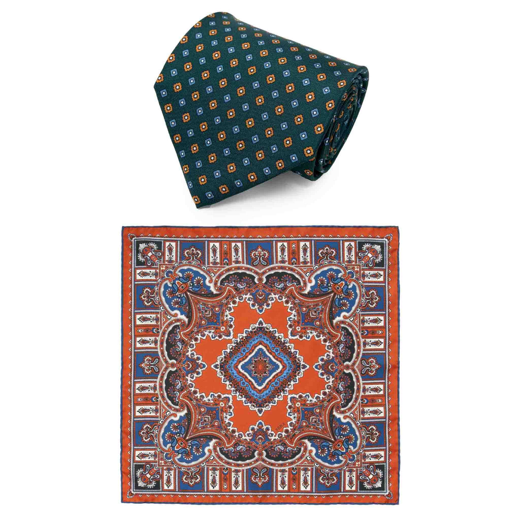 Green Geometric Flowers Tie & Leather Barolo Pocket Square Set Serà 