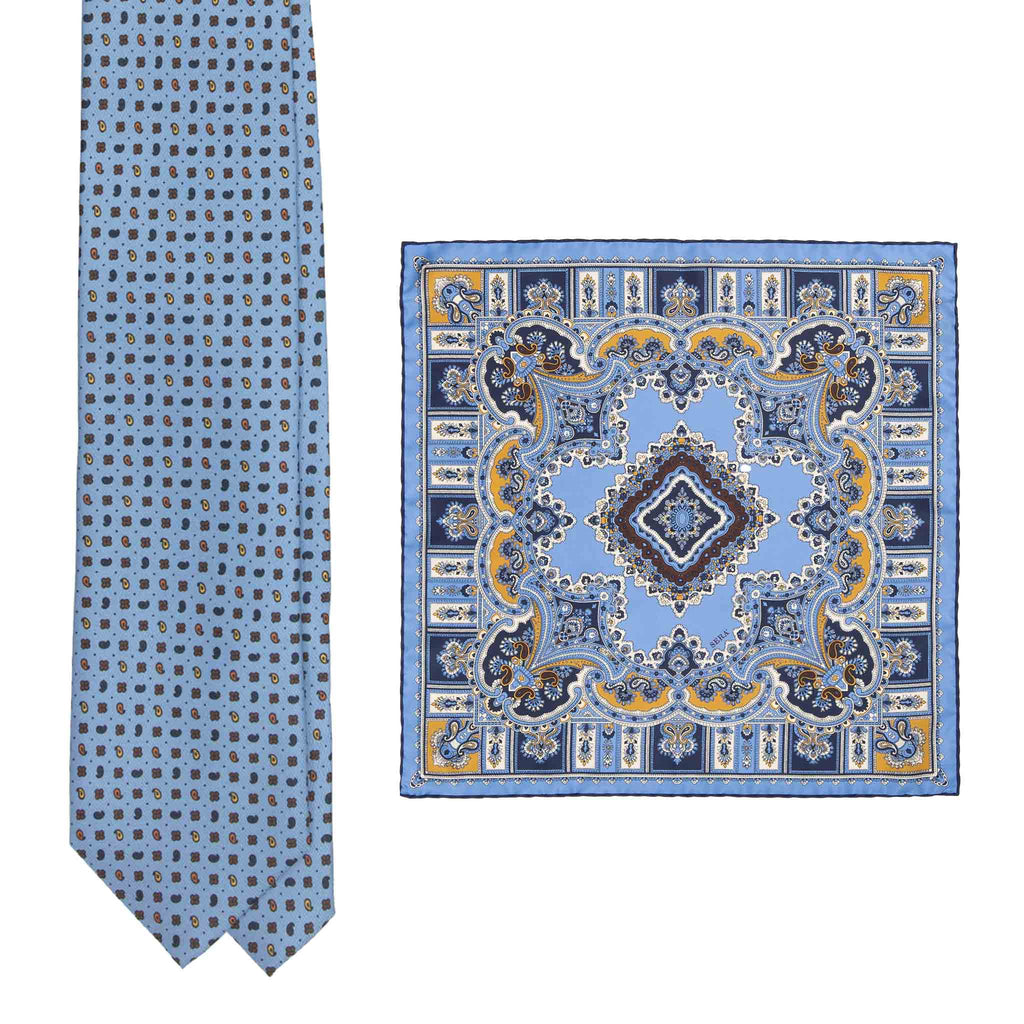 Light Blue Silk Tie & Coffee Barolo Pocket Square Set Serà Fine Silk