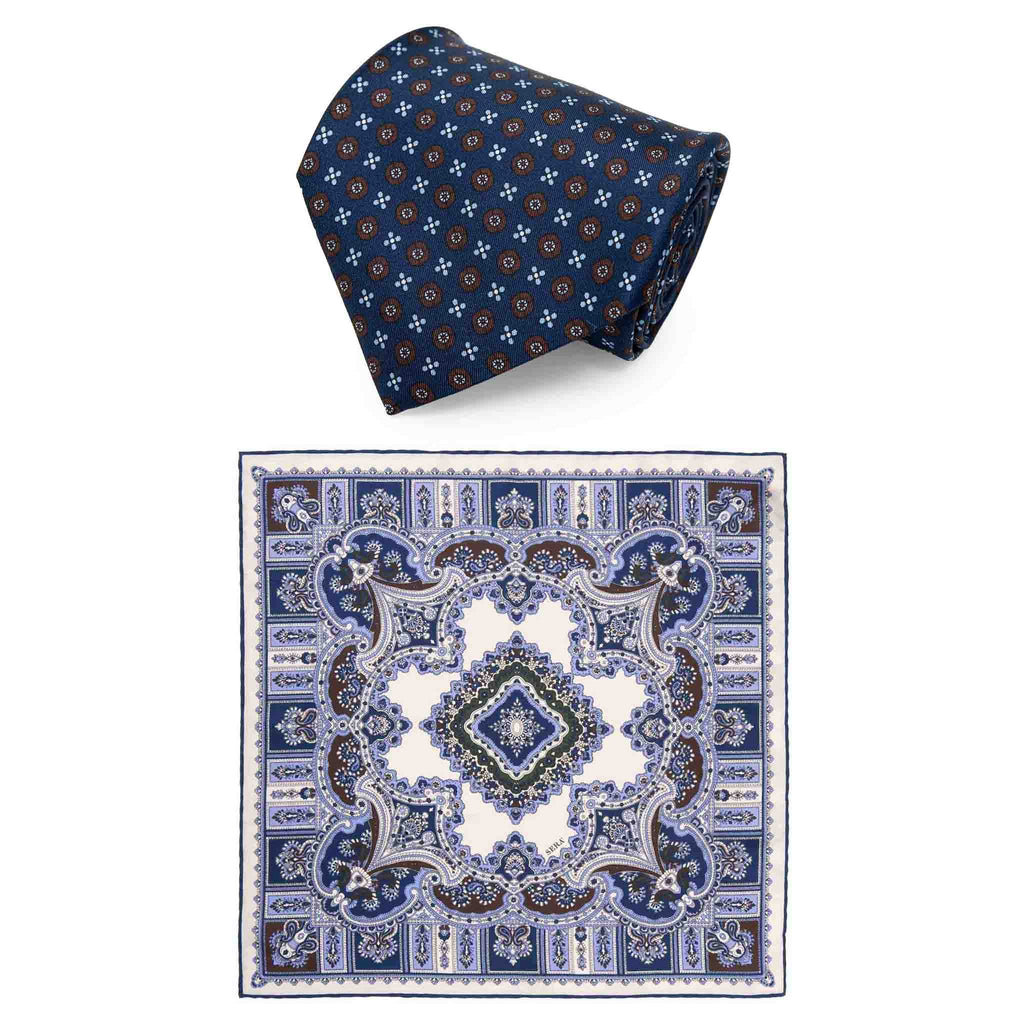 Navy Tie & Vanilla Barolo Pocket Square Set Serà Fine Silk