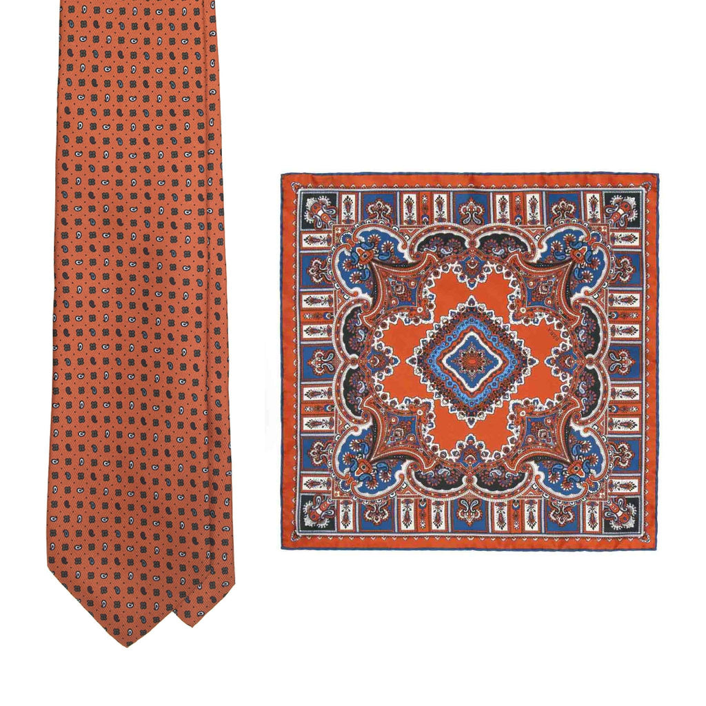 Orange Silk Tie & Leather Barolo Pocket Square Set Serà Fine Silk