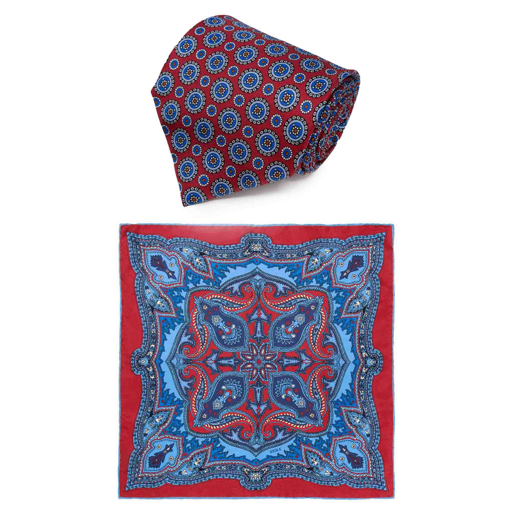 Red Circles Tie & Sugar Ripasso Pocket Square Set Serà Fine Silk