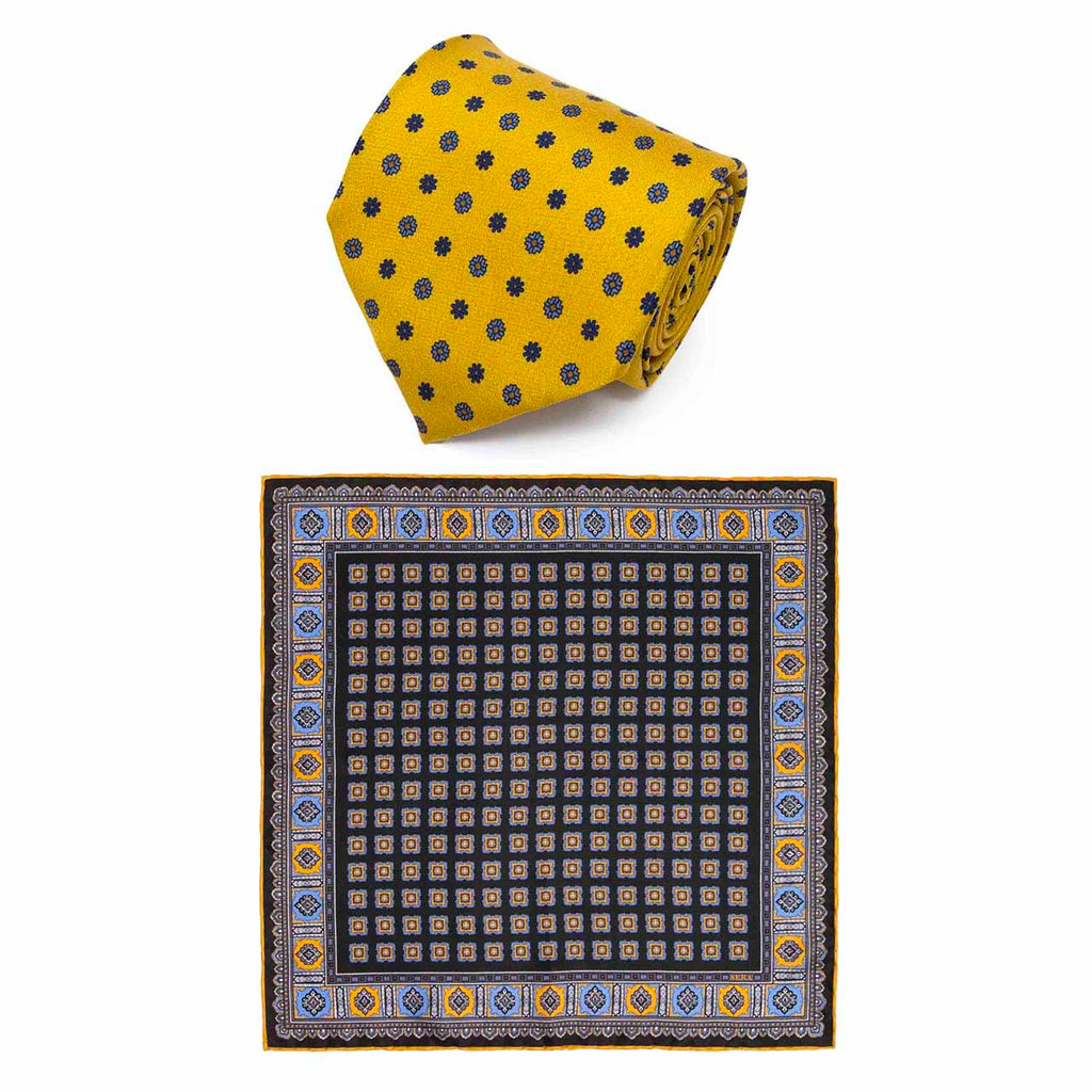 Gold Yellow Silk Tie & Blackberry Primitivo Pocket Square Set Serà fine silk