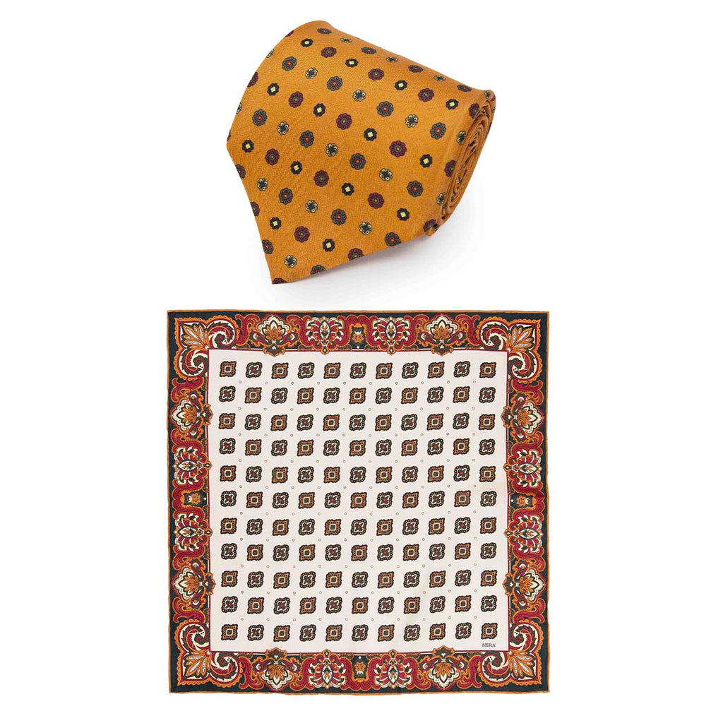 Orange Silk Tie & Bucaneve Pocket Square Set Serà Fine Silk