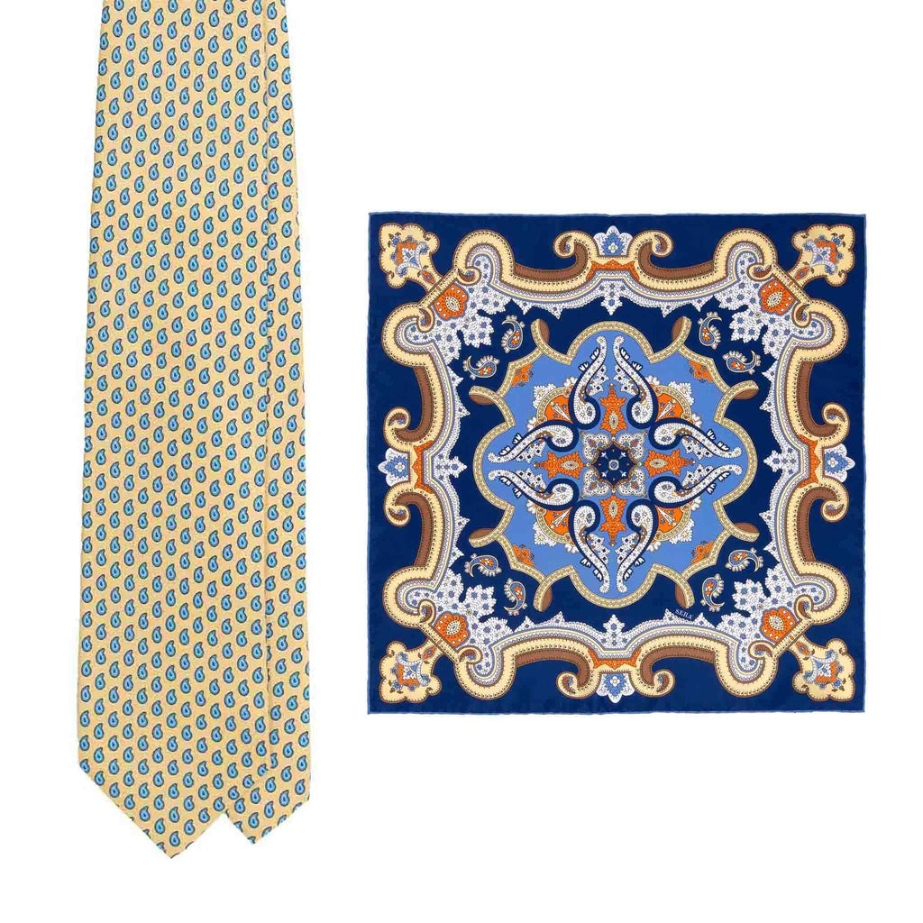 Yellow Silk Tie & Acacia Flowers Pocket Square Set Serà Fine Silk