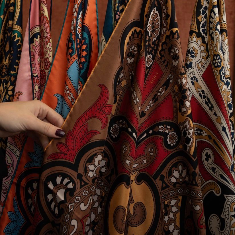 Beatrice Havana and Burgundy Silk Scarf Serà Fine Silk