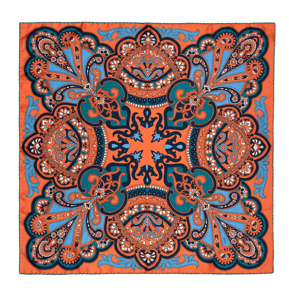 Beatrice Orange and Light Blue Silk Scarf Serà Fine Silk