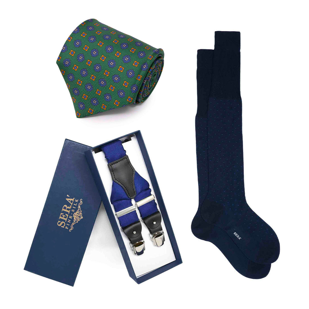 Green and Royal Blue Tie, Socks & Suspenders Set Serà Fine Silk