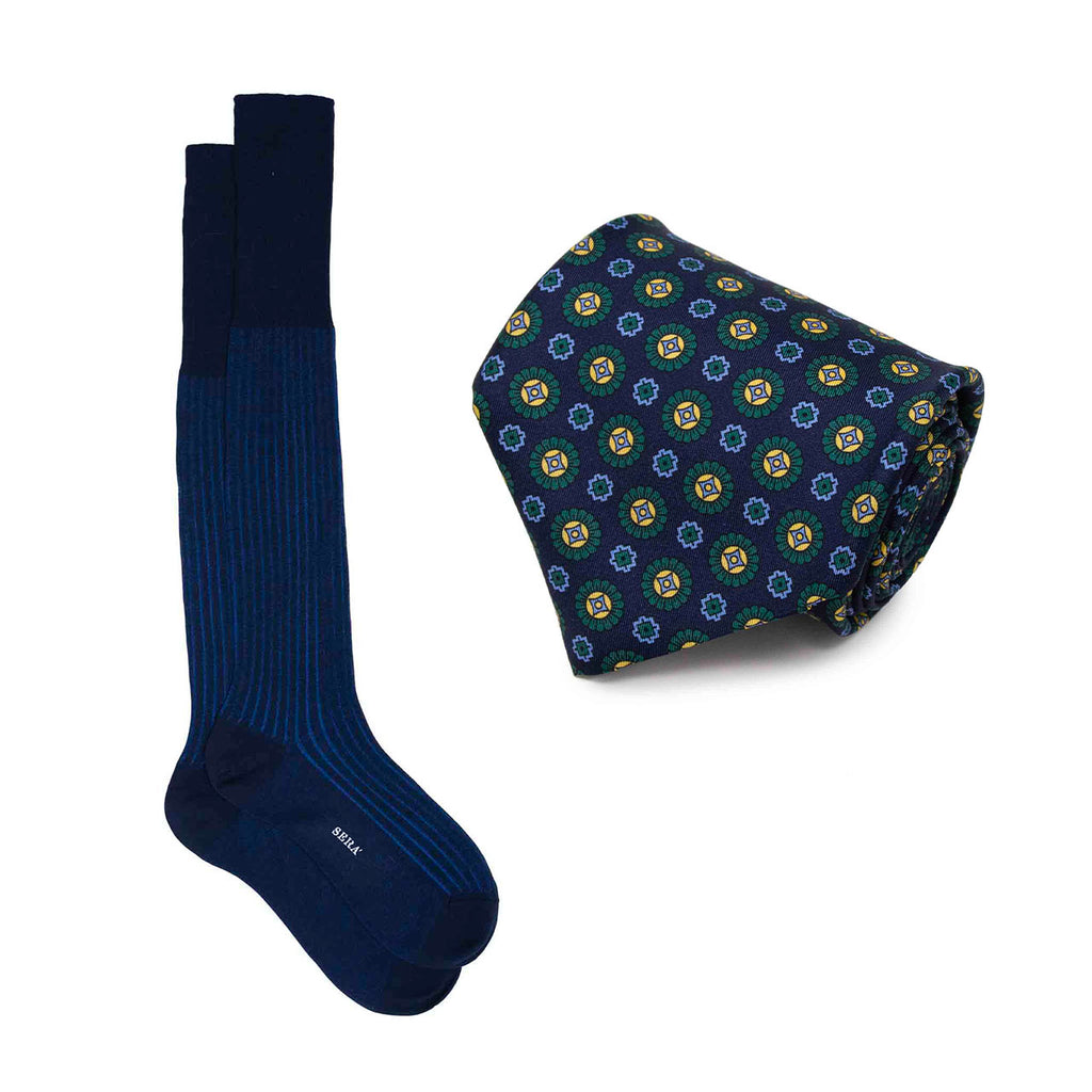 Blue Silk Tie & Navy Cotton Striped Socks Set Serà Fine Silk