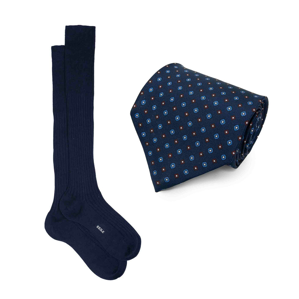 Blue Silk Tie & Dark Blue Ribbed Cotton Socks Set Serà Fine Silk