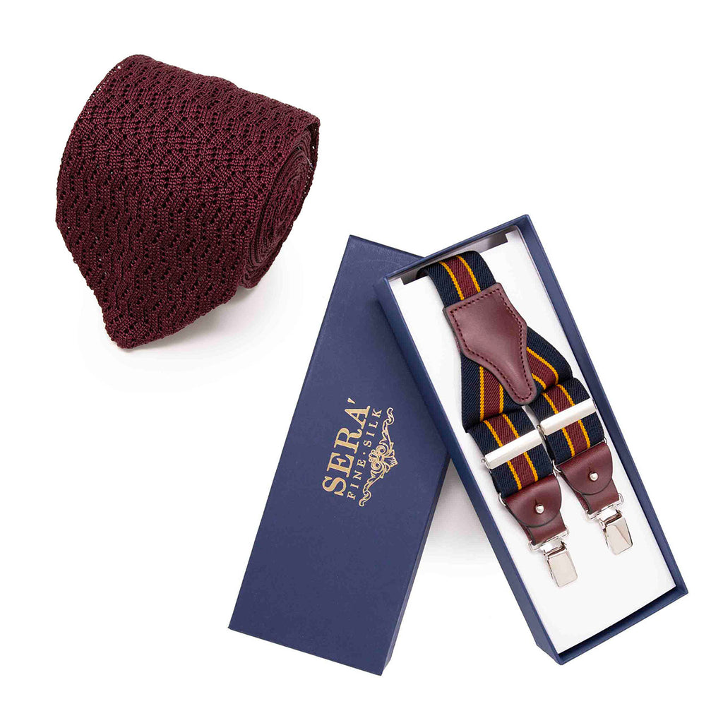 Burgundy Knitted Silk Tie & Blue Elastic Suspenders Set Serà Fine Silk