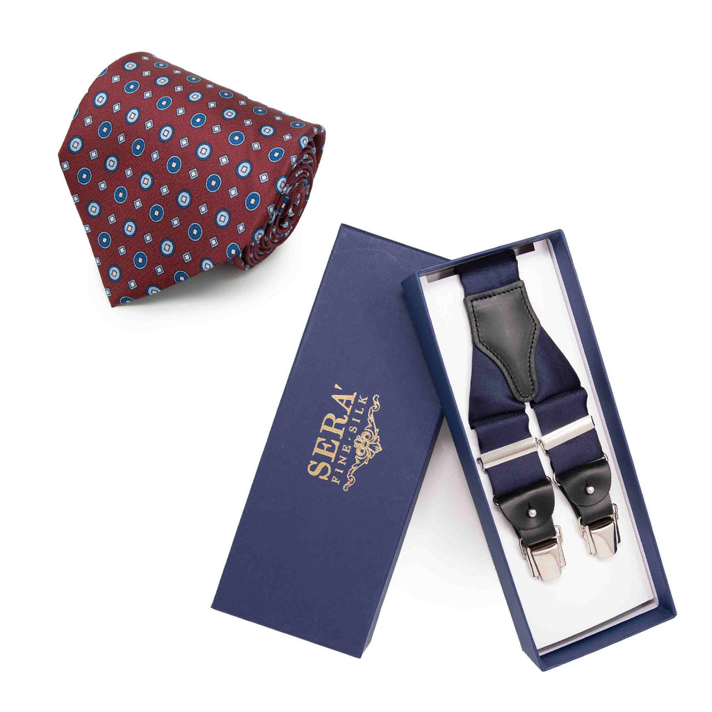 Burgundy Silk Tie & Navy Blue Suspenders Set Serà Fine Silk