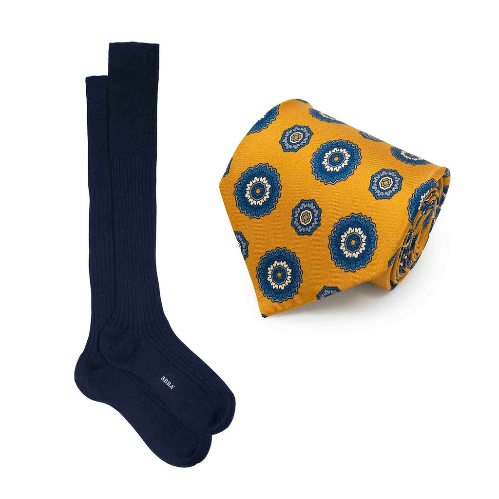 Yellow Silk Tie & Blue Ribbed Cotton Socks Set Serà Fine Silk