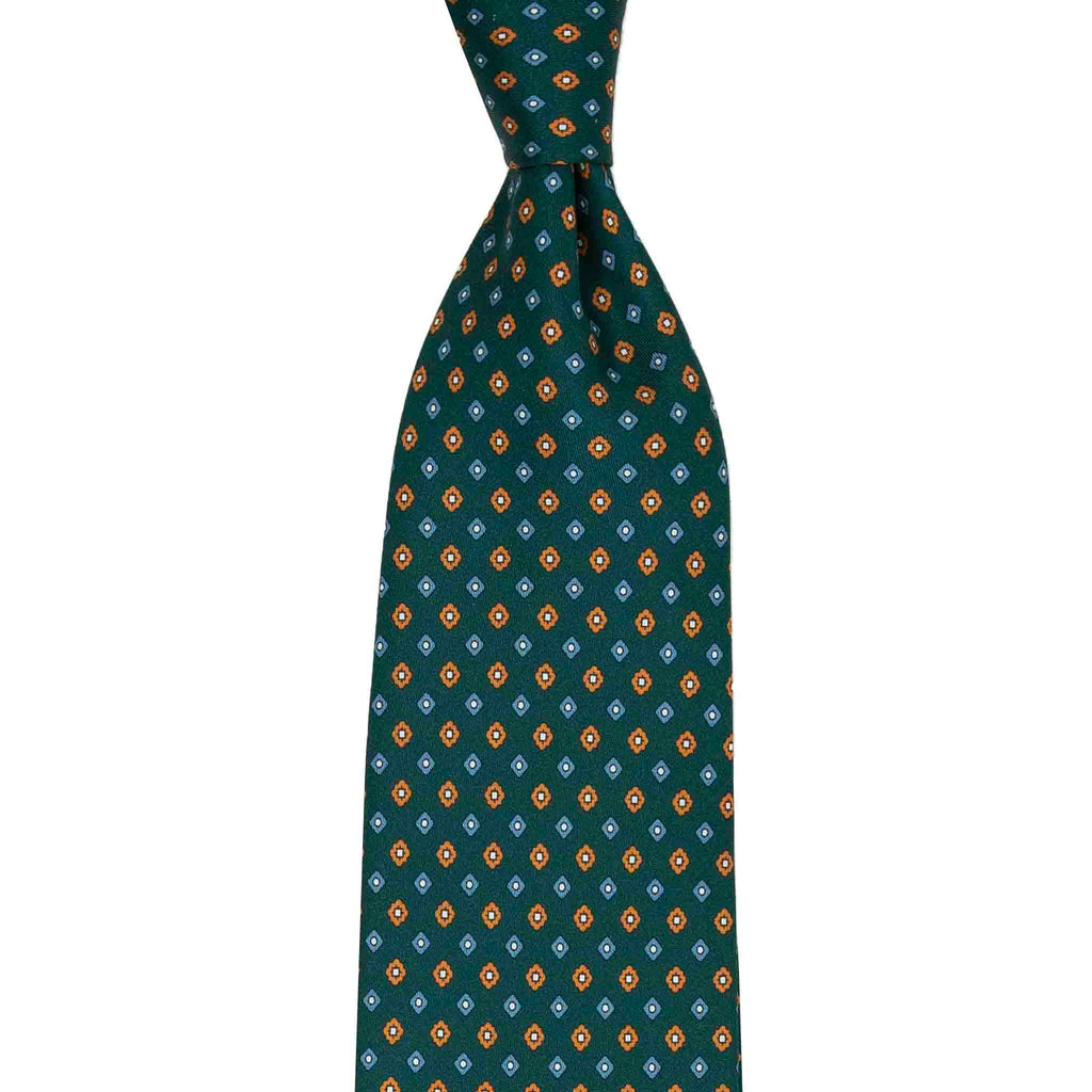 Green Silk Tie with Orange Geometric Small Pattern Serà Fine Silk