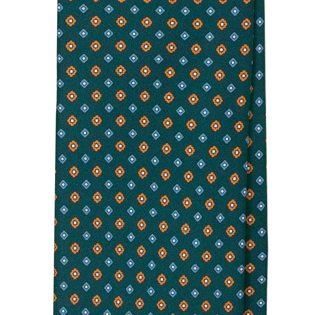 Green Silk Tie with Orange Geometric Small Pattern Serà Fine Silk