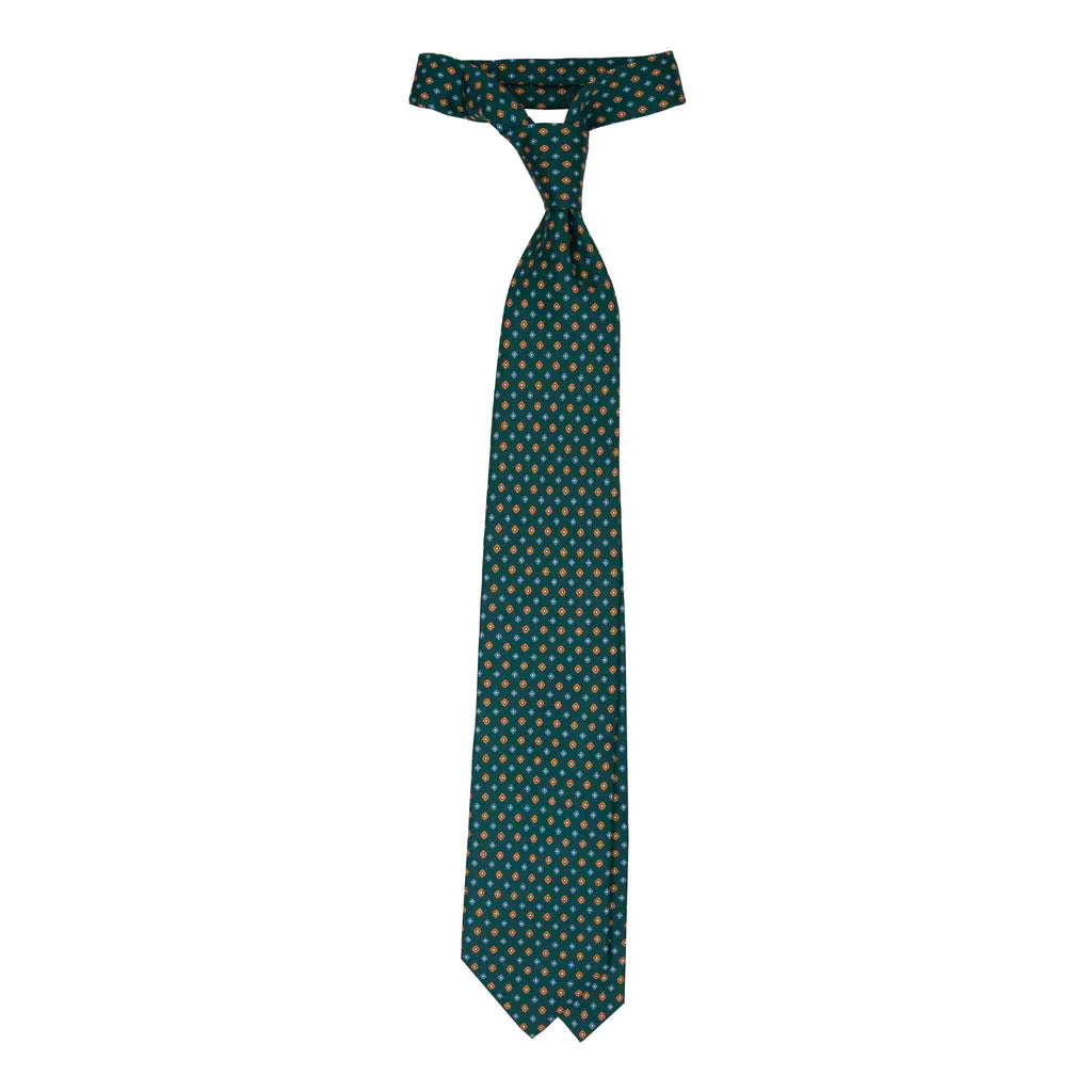 Green Silk Tie with Orange Geometric Small Pattern Serà Fine Silk