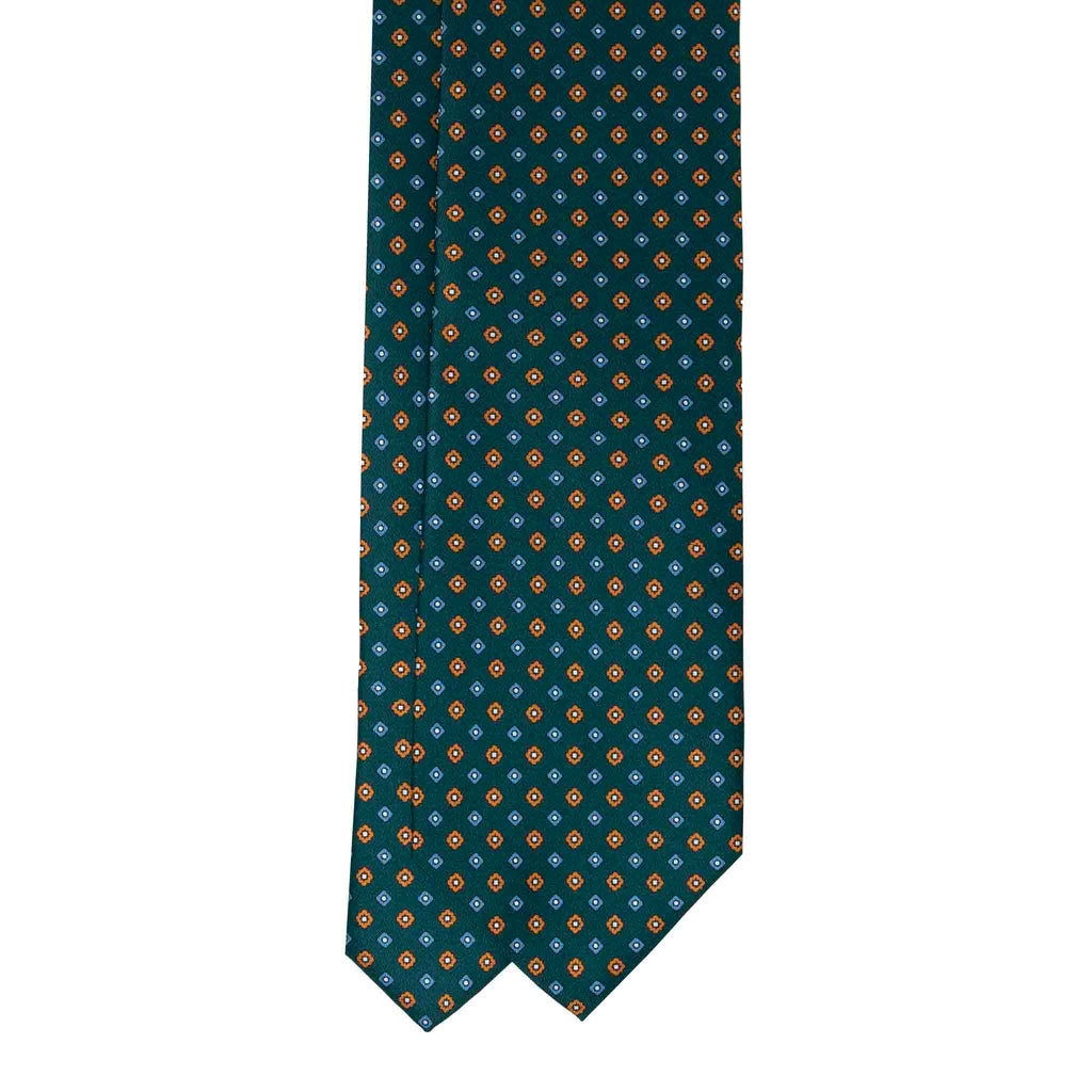 Green Geometric Flowers Tie & Leather Barolo Pocket Square Set Serà 