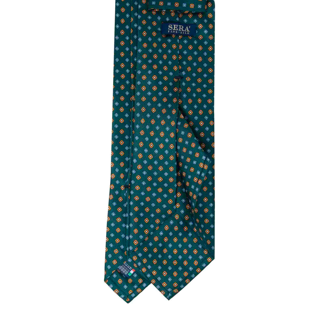 Green Silk Tie with Orange Geometric Small Pattern Serà Fine Silk