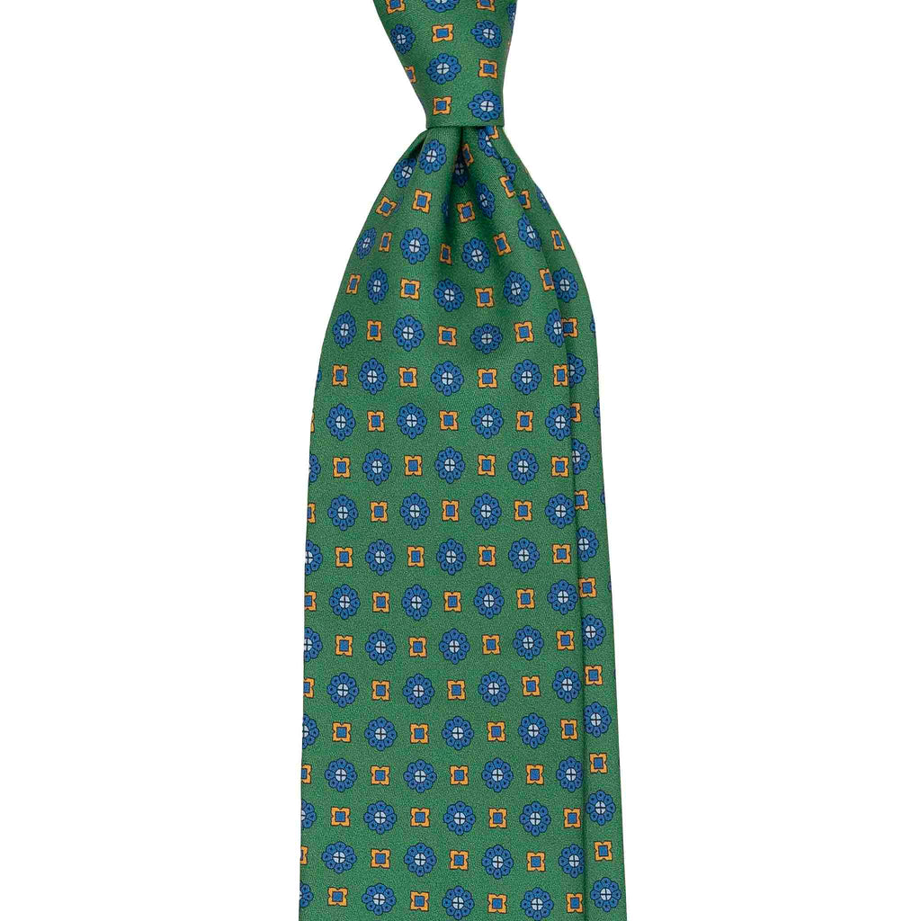 Green Silk Tie with Blue Flowers Pattern Serà Fine Silk