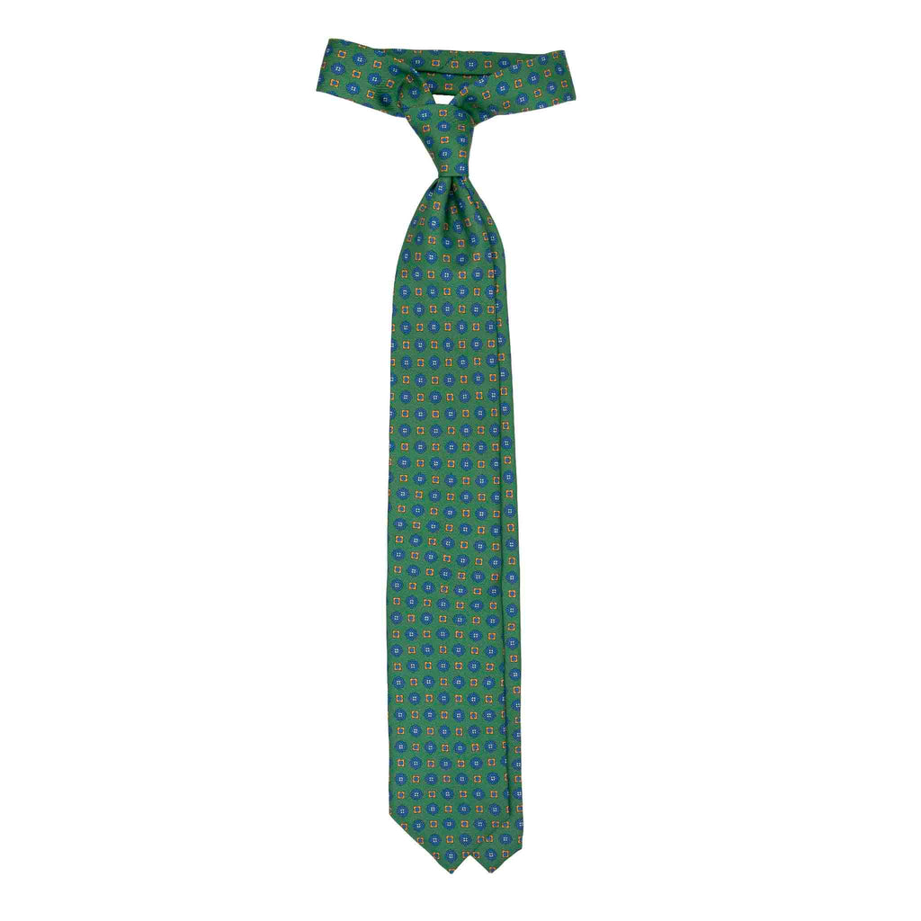 Green Silk Tie with Blue Flowers Pattern Serà Fine Silk