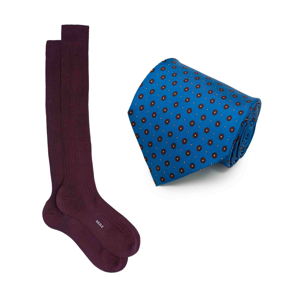 Blue Silk Tie & Grenat Ribbed Cotton Socks Set Serà Fine Silk