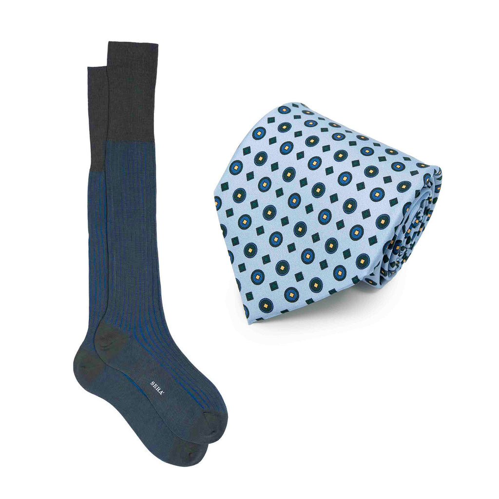 Light Blue Silk Tie & Green Cotton Socks Set Serà Fine Silk