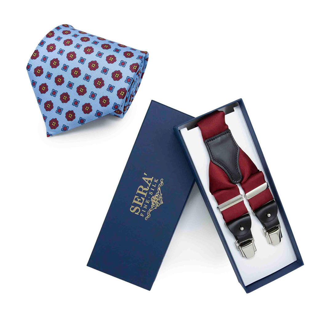 Light Blue Silk Tie & Burgundy Suspenders Set Serà Fine Silk