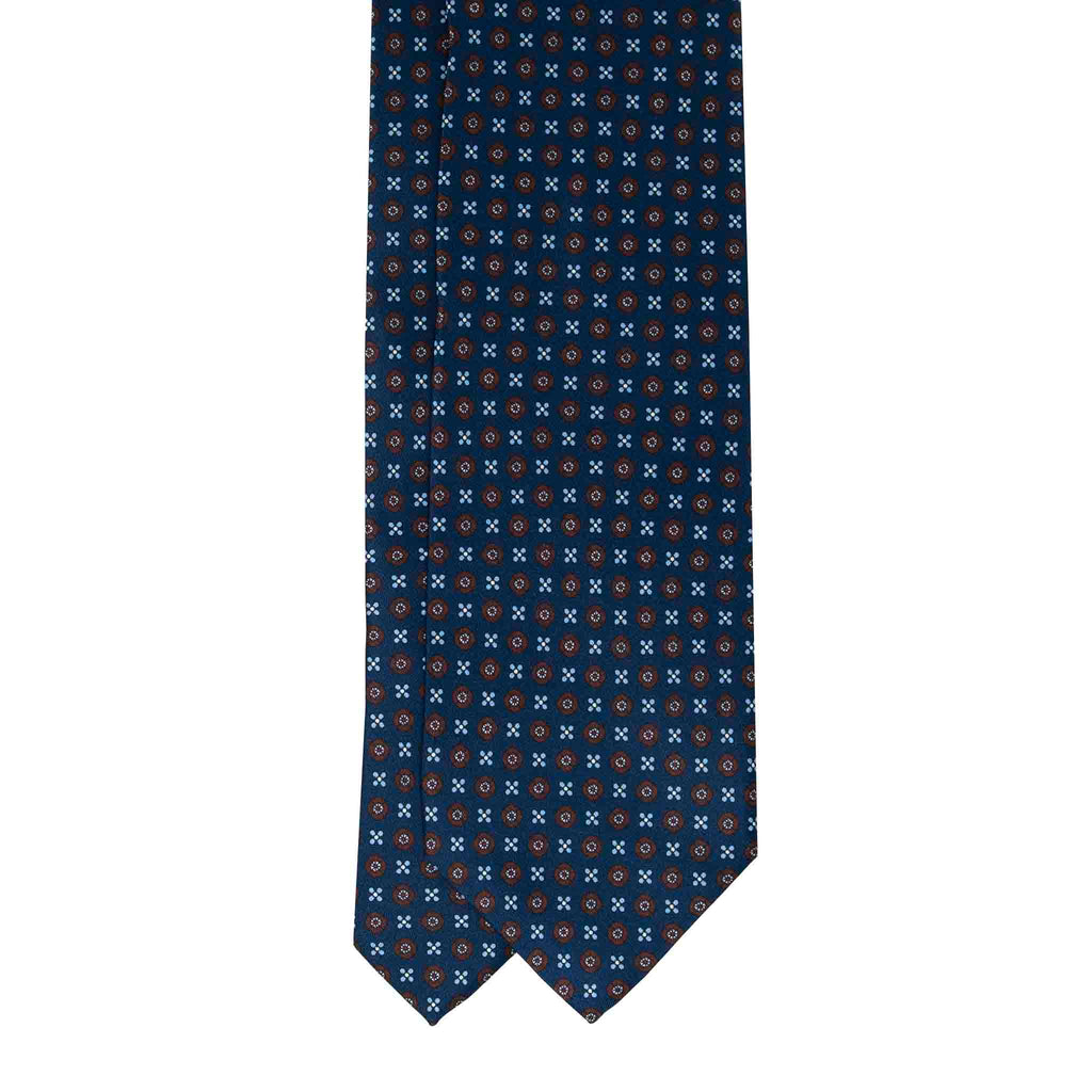 Navy Blue with Light Blue Small Flowers Silk Tie Serà Fine Silk