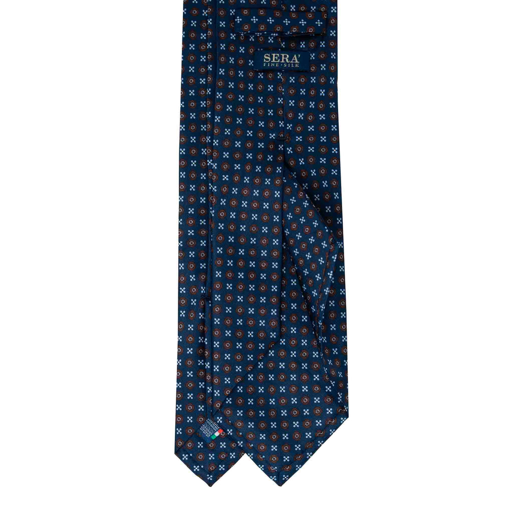 Navy Blue with Light Blue Small Flowers Silk Tie Serà Fine Silk