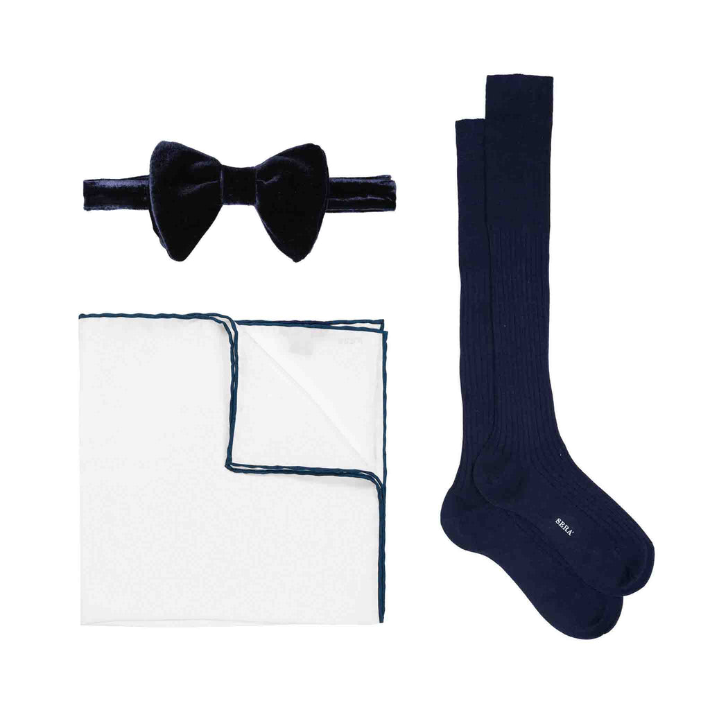 Navy Blue Velvet Bow Tie & White Pocket Square & Navy Socks Set Serà Fine Silk