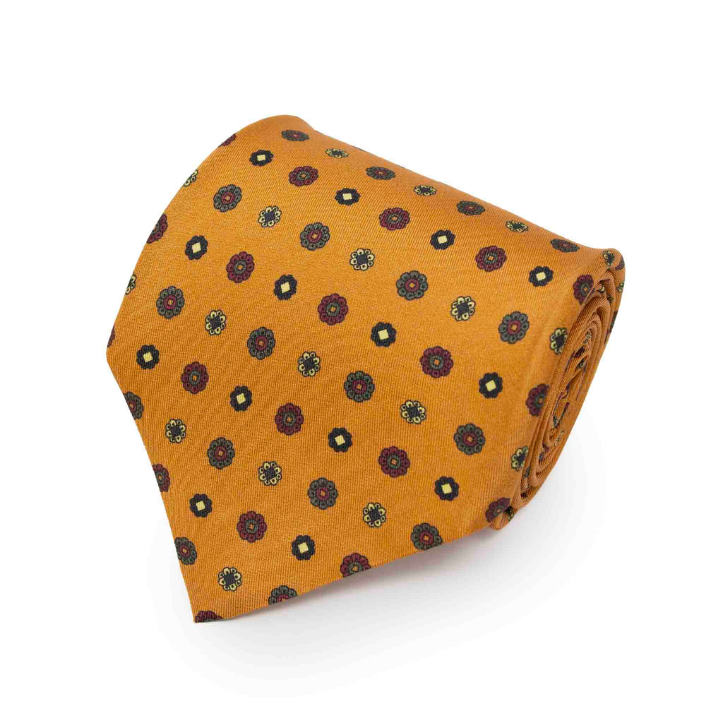 Orange with Burgundy Small Flowers Silk Tie Serà Fine Silk