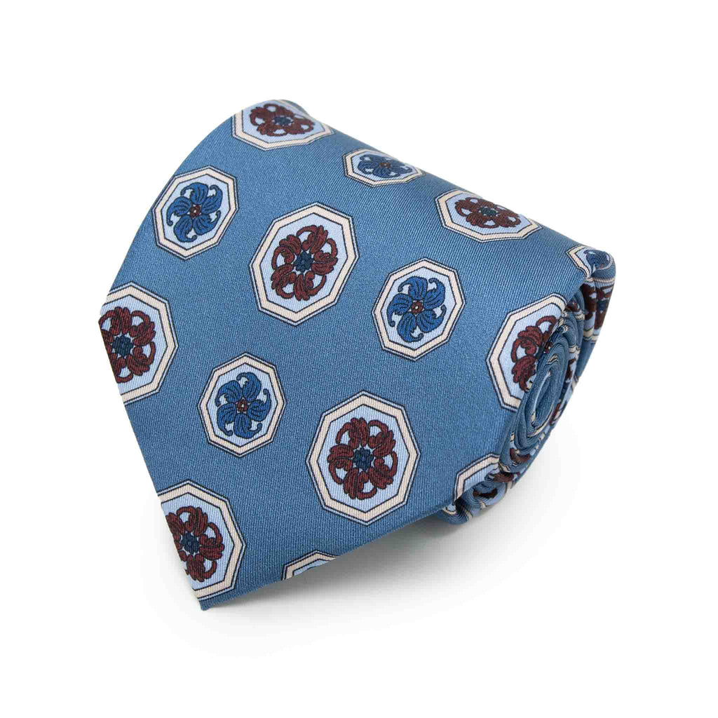 Blue and Burgundy Medallions Silk Tie Serà Fine Silk