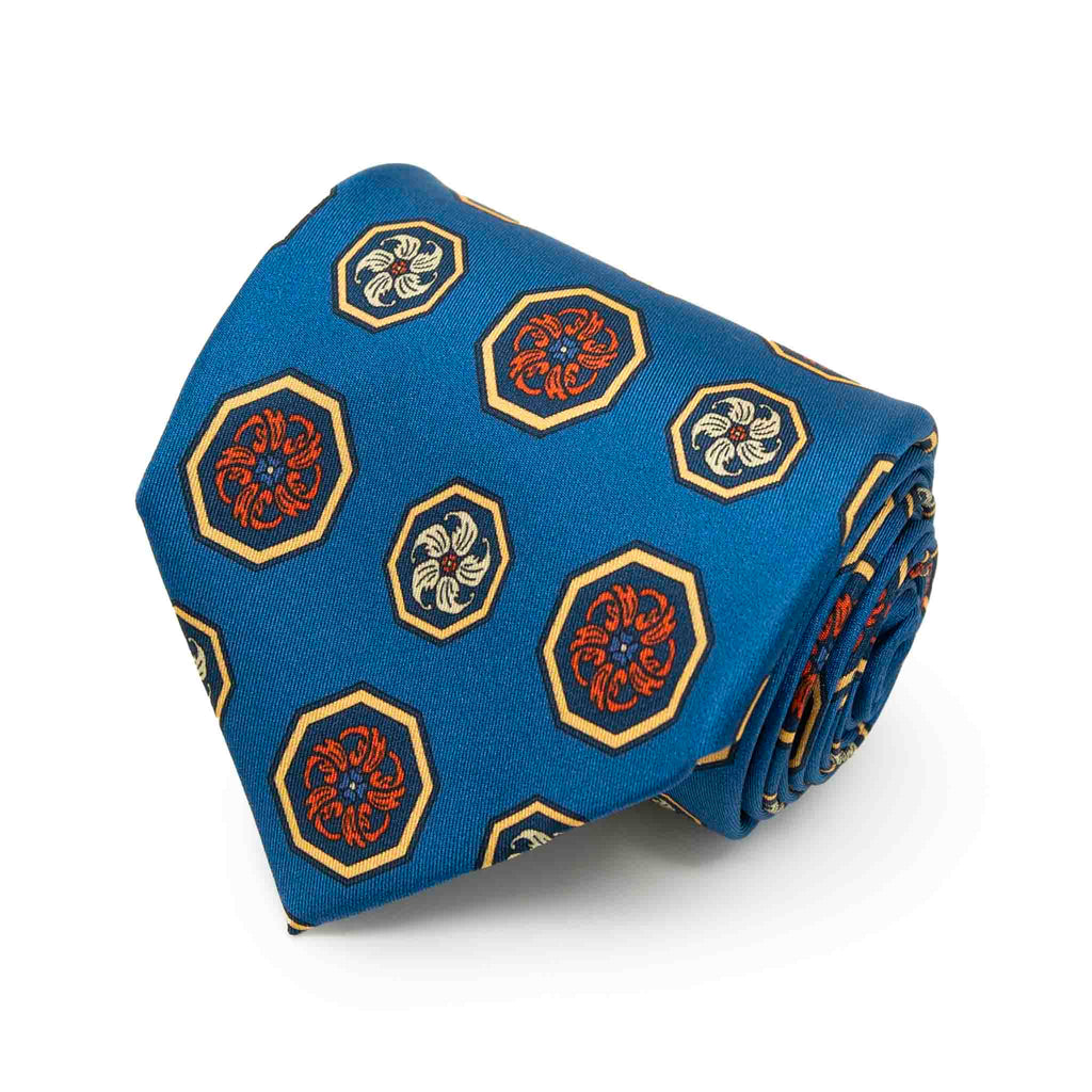 Blue with Orange and Yellow Medallions Silk Tie Serà Fine Silk