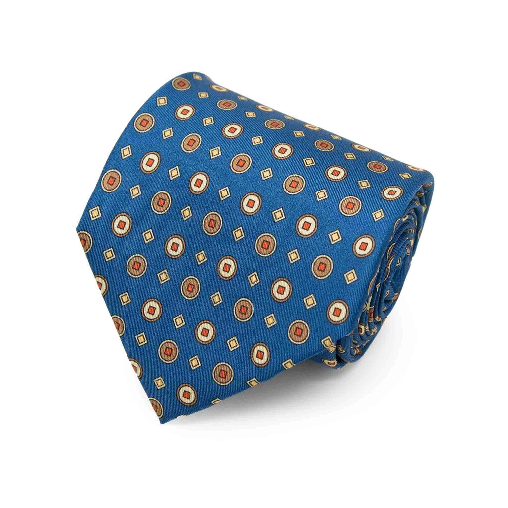 
Blue with Orange Geometric Pattern Silk Tie Serà Fine Silk