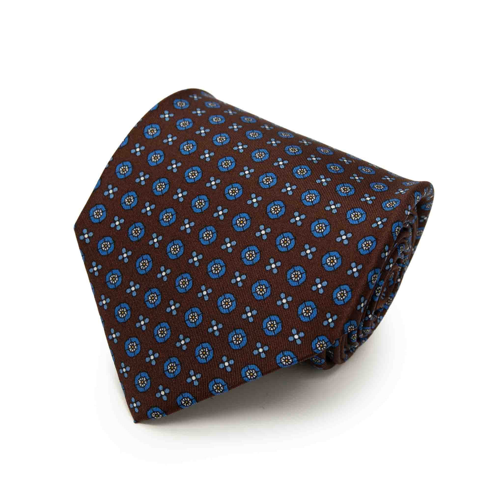 Brown with Blue Small Flowers Pattern Silk Tie Serà Fine Silk