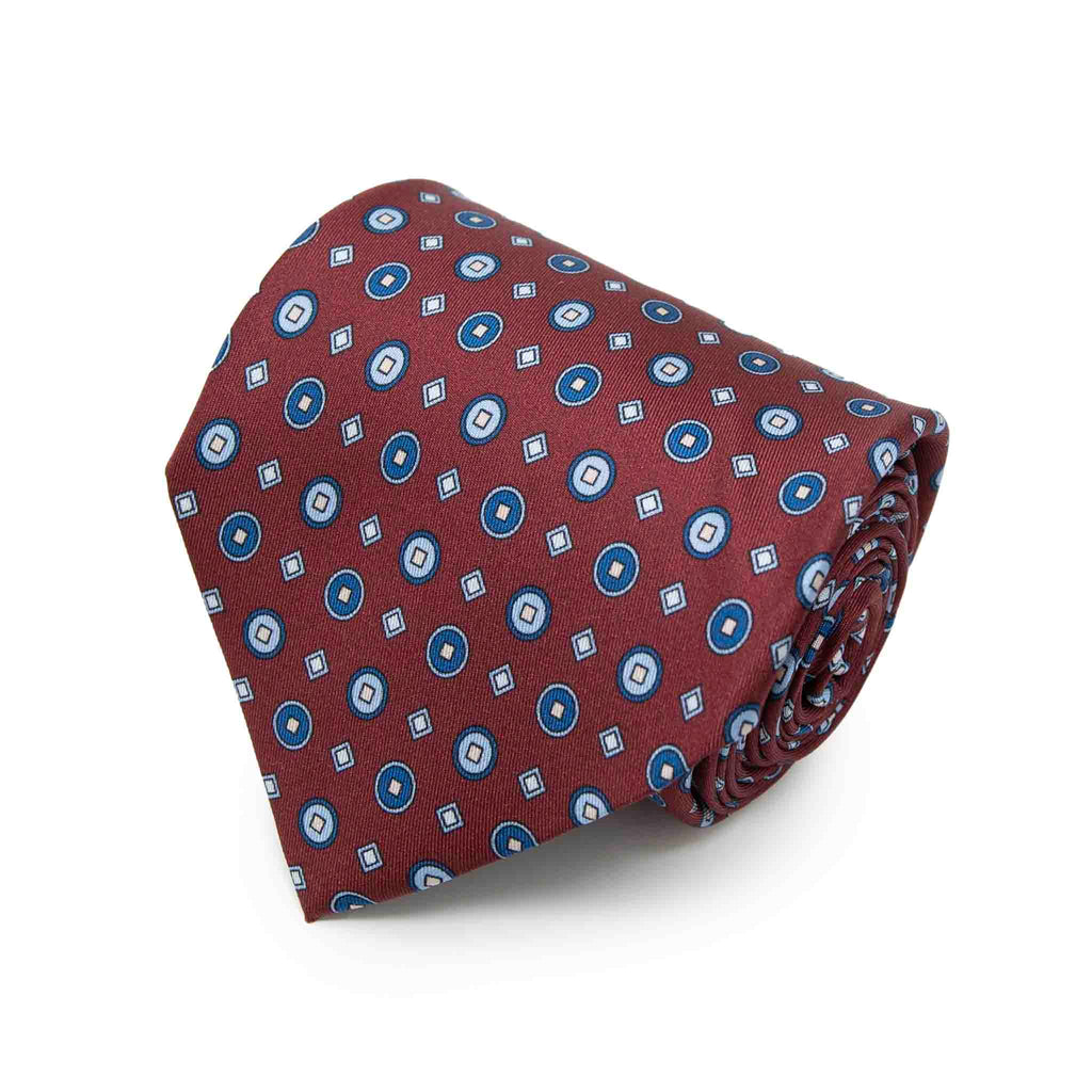 Burgundy with Blue Geometric Pattern Silk Tie Serà Fine Silk