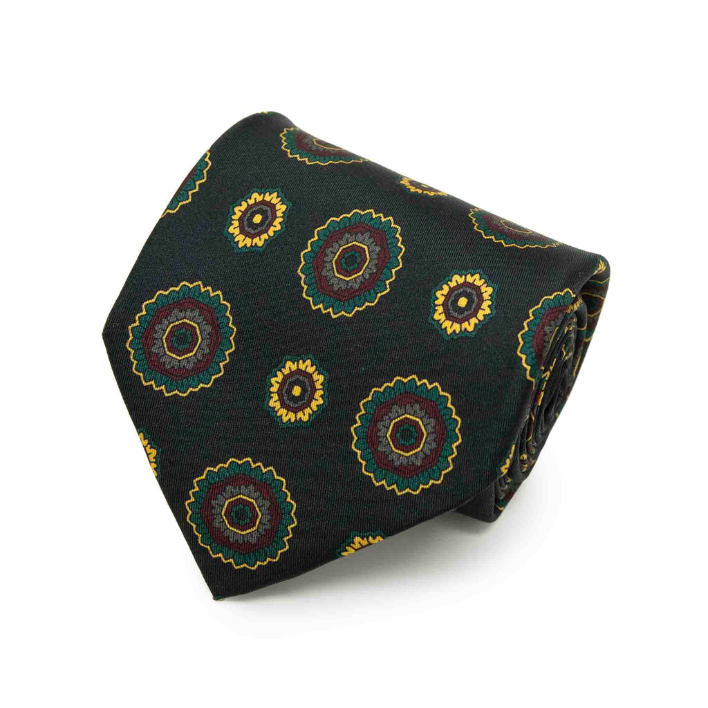 Green and Yellow Big Flowers Silk Tie Serà Fine Silk