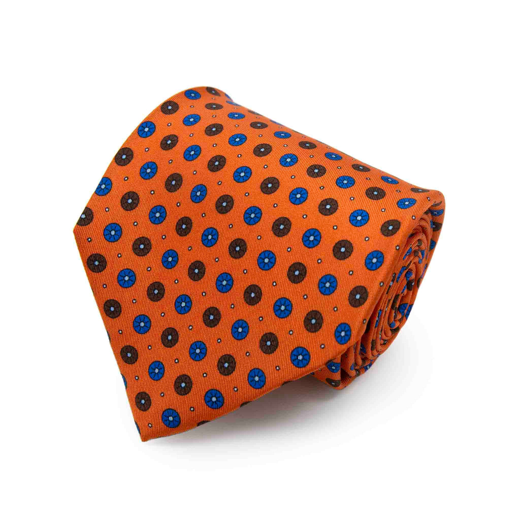 Orange With Brown and Blue Circles Silk Tie Sera Fine Silk