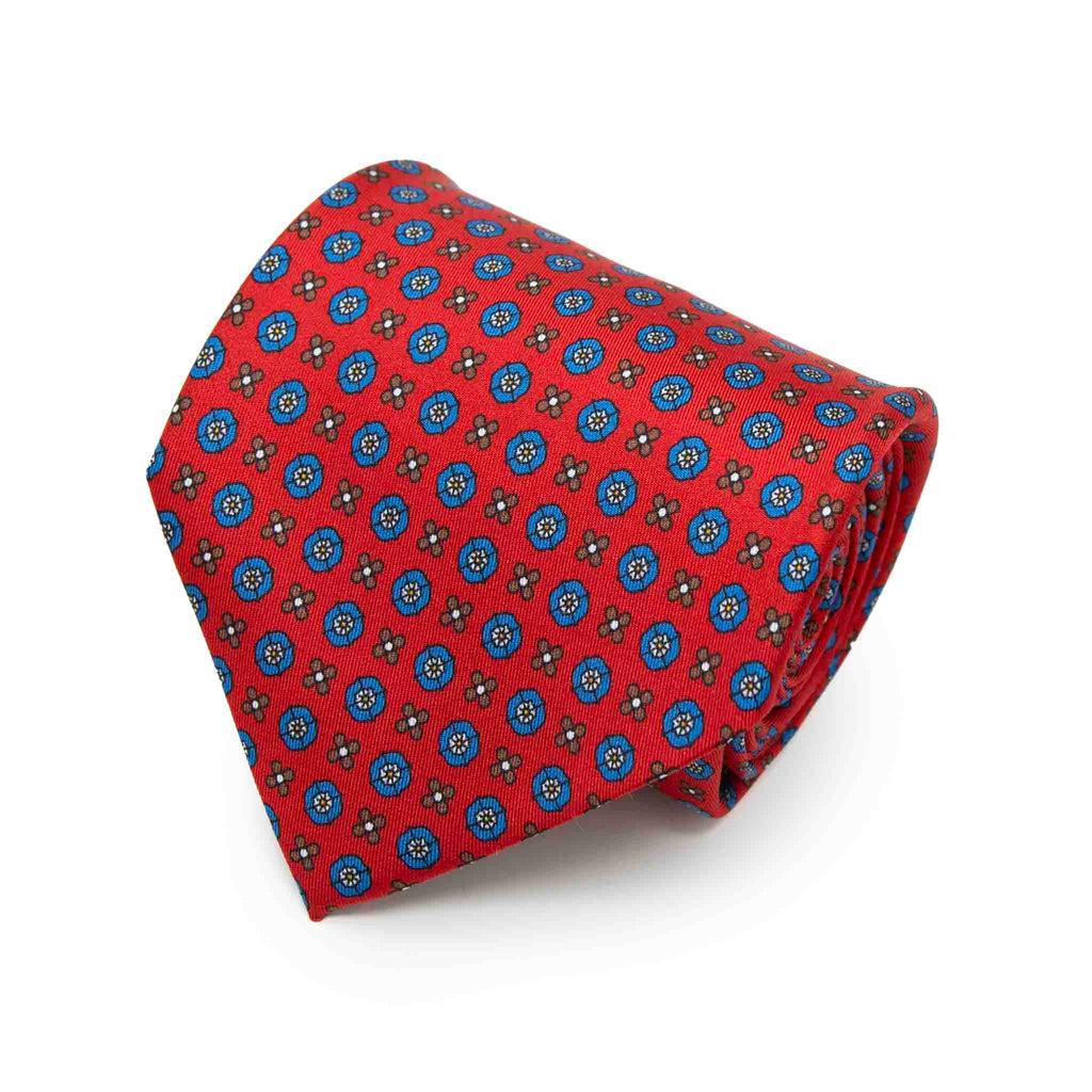 Red with Blue Flowers Pattern Silk Tie Serà Fine Silk