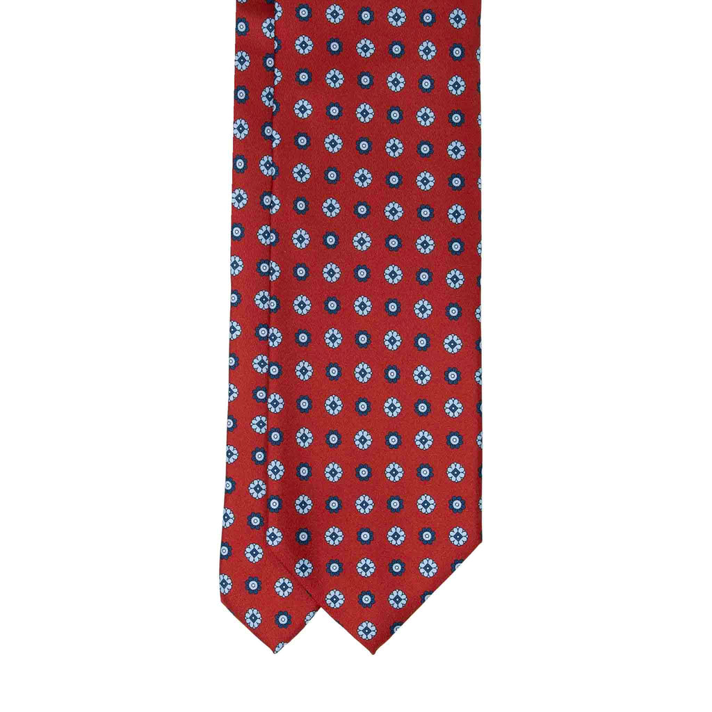 Red With Light And Dark Blue Flowers Silk Tie Sera Fine Silk