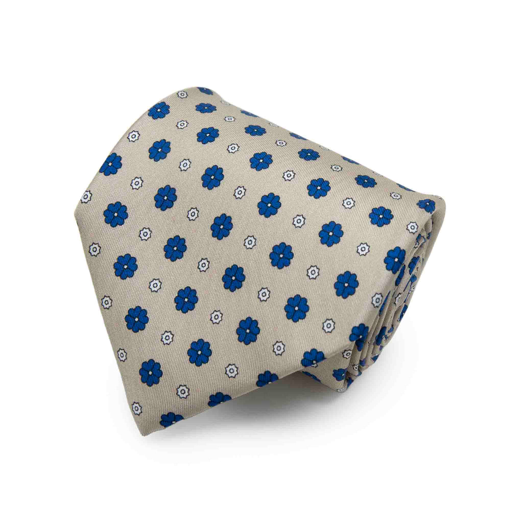 Sand With Blue Flowers Silk Tie Sera Fine Silk