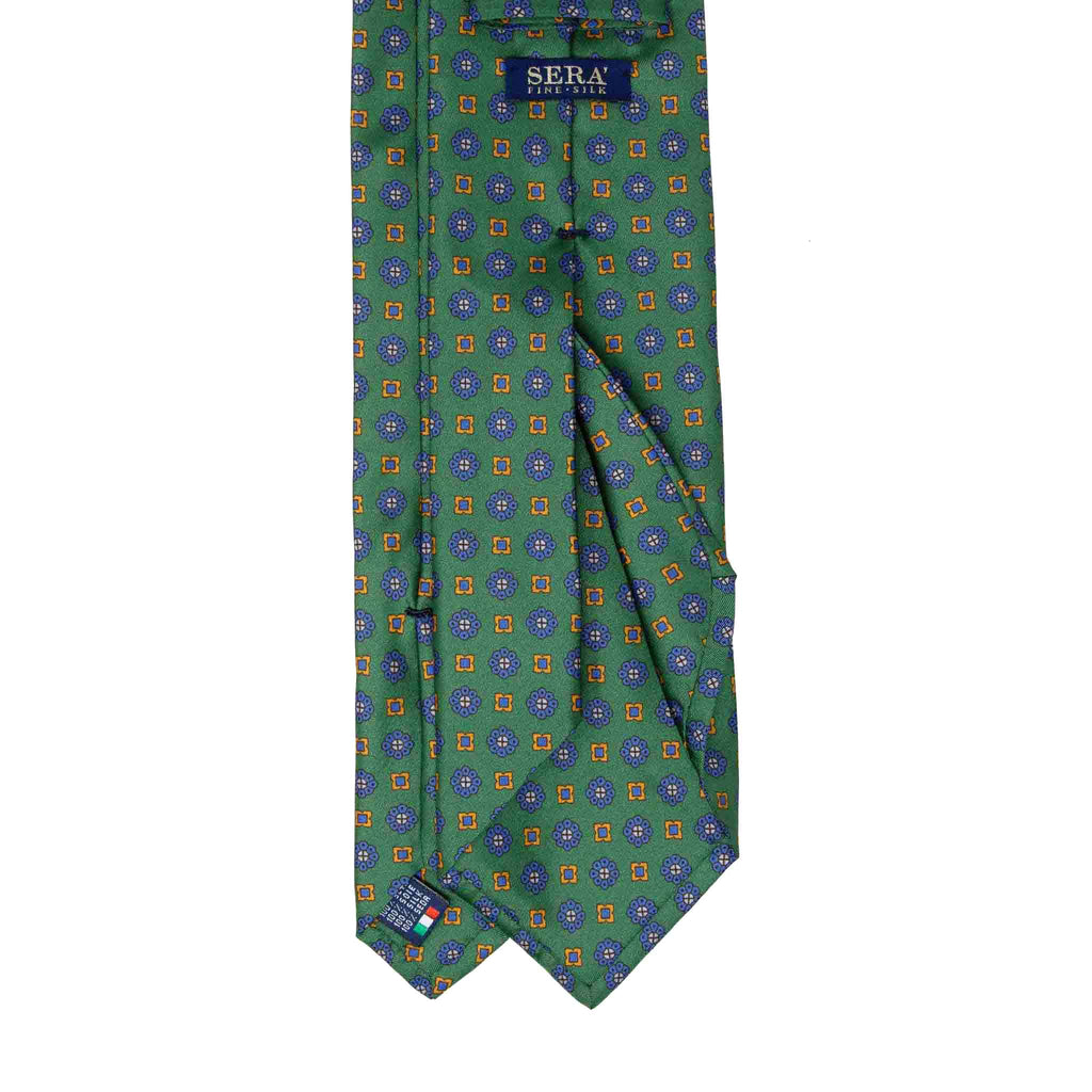 Green Silk Tie with Blue Flowers Pattern Serà Fine Silk