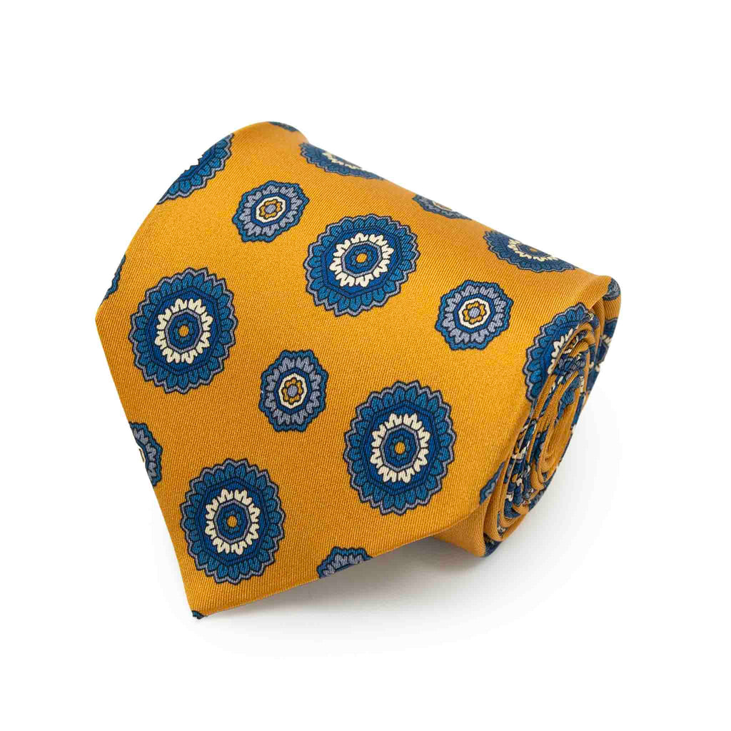 Yellow with Blue Flowers Pattern Silk Tie Serà Fine Silk