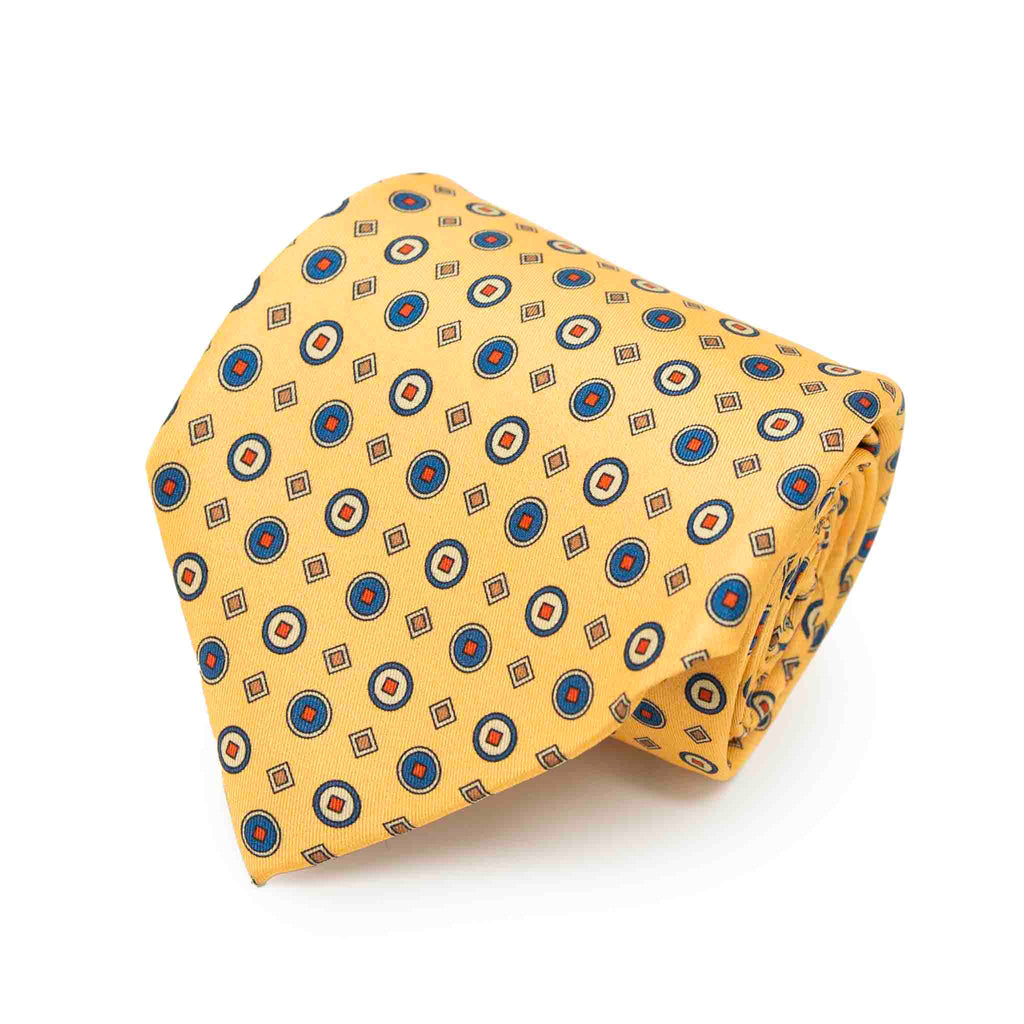 Yellow with Blue Geometric Pattern Silk Tie Serà Fine Silk