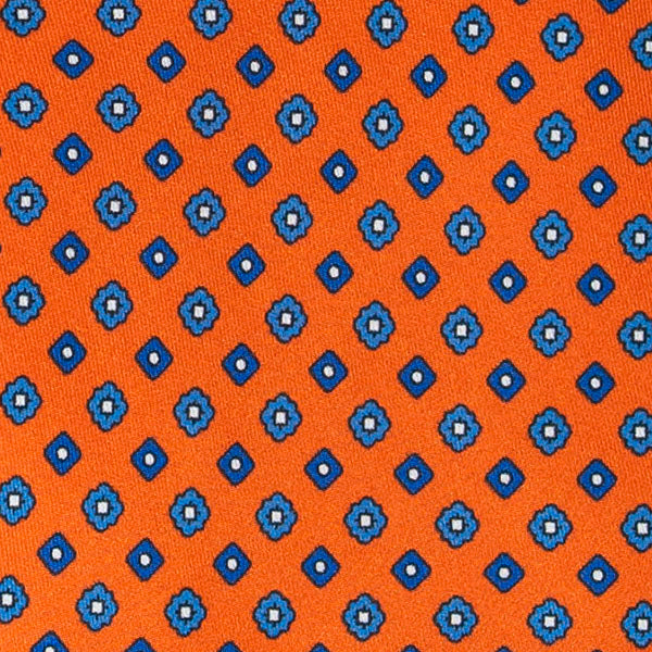 Orange and Blue Geometric Small Flowers Pattern Silk Tie Serà Fine Silk