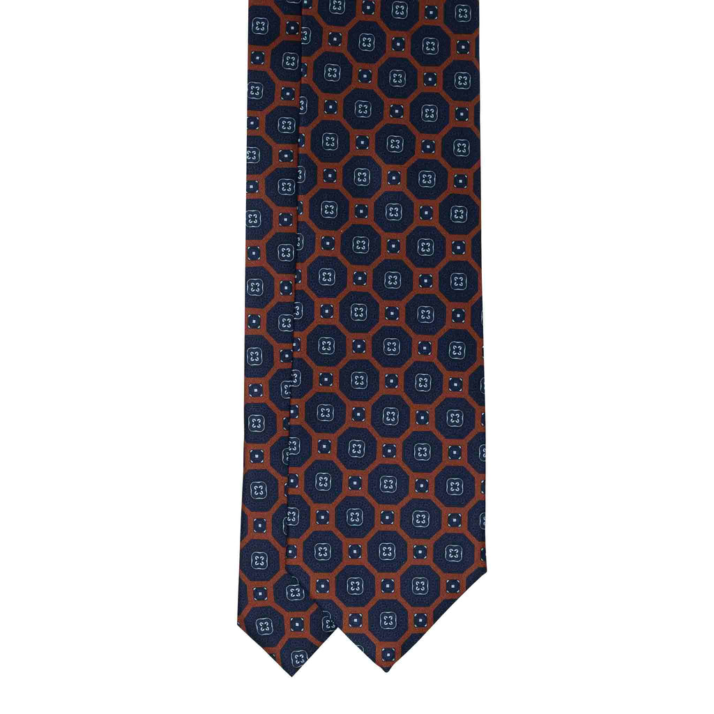 Orange with Dark Blue Medallions Silk Tie Serà Fine Silk