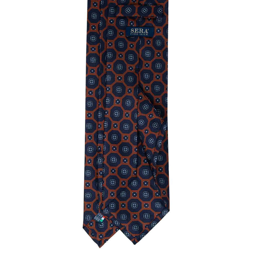 Orange with Dark Blue Medallions Silk Tie Serà Fine Silk