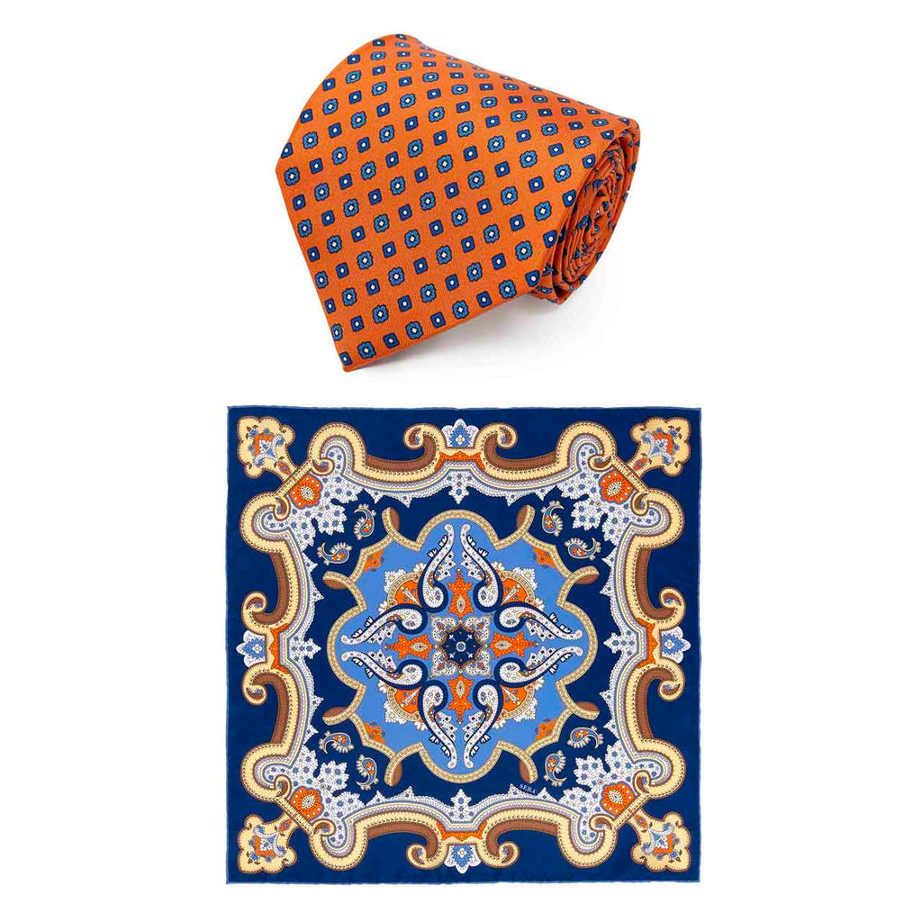 Orange Flowers Tie & Acacia Flowers Etna Pocket Square Set Serà Fine Silk